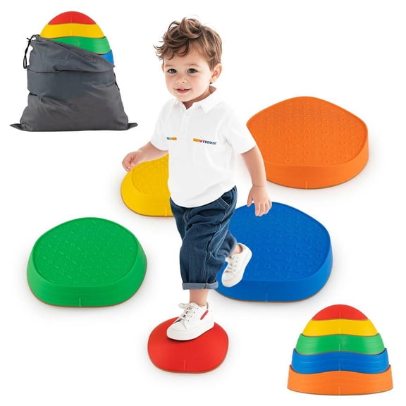 Resenkos 5 PCS Kids Stepping Stones Non-Slip Balance Stones with Storage Bag - Fun Balance Training Play Equipment - Multicolor