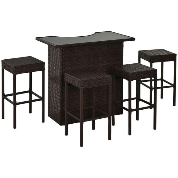 Resenkos 5 Pcs Rattan Wicker Bar Set, High Top Outdoor Table and Chairs, Bar Height Patio Set with Glass Table Top 2 Tier Storage Shelf, and 4 Bar Stools, Dark Brown