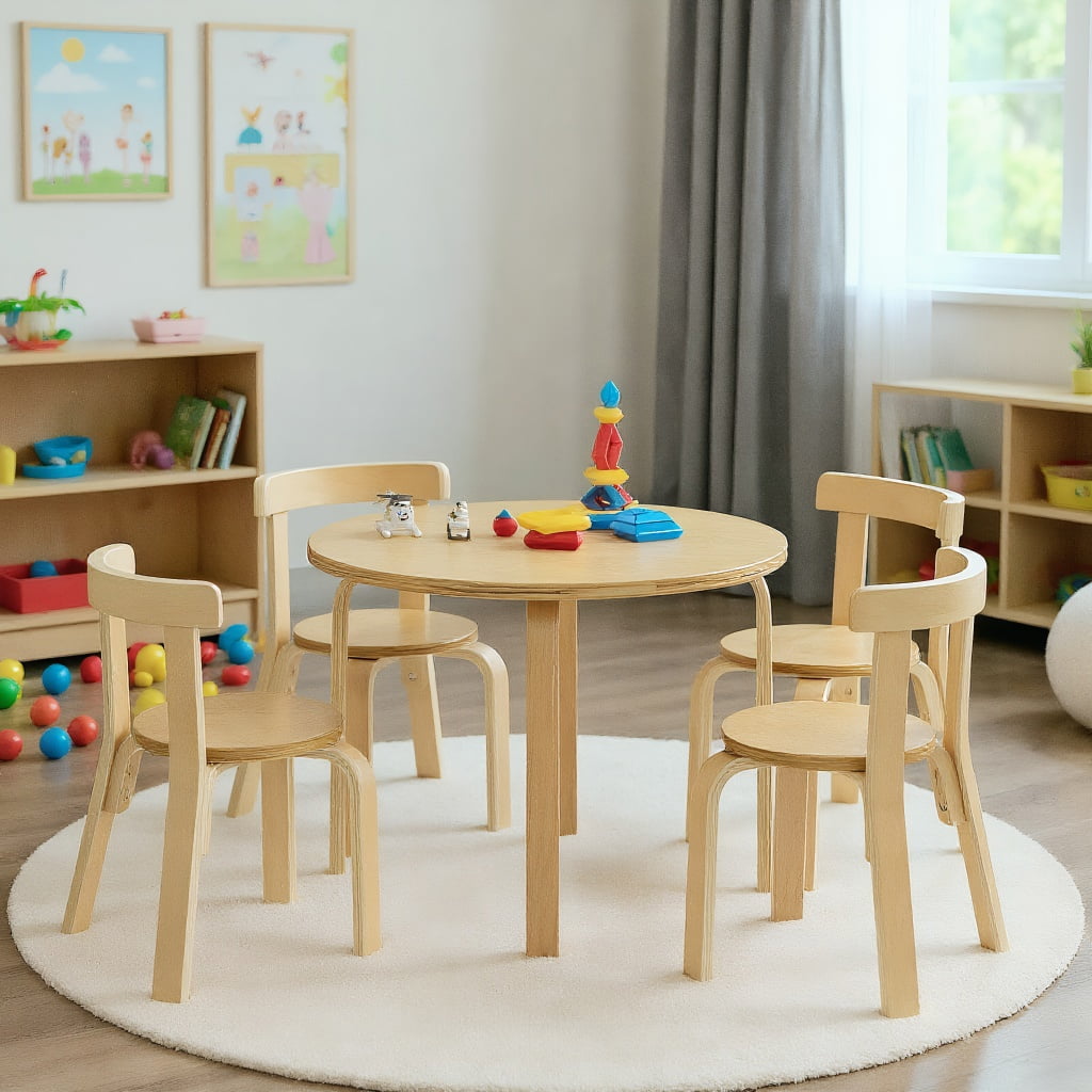 Resenkos 5-Piece Kids Wooden Curved Back Activity Table and Chair Set with Toy Bricks-Natural, Small Folding Table for Arts & Crafts, Snack Time, Homeschooling, Homework