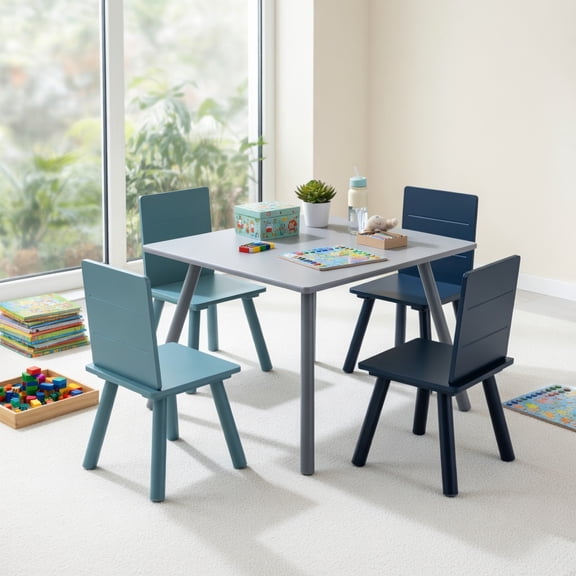 Resenkos 5 Pieces Kids Wooden Activity Play Furniture Set with Building Blocks-Blue, Small Folding Table for Arts & Crafts, Snack Time, Homeschooling, Homework