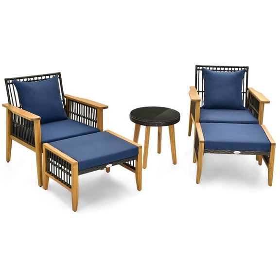 Resenkos 5 Pieces Patio Furniture Set, Small Patio Conversation Furniture Set with Coffee Table and 2 Ottomans-Navy