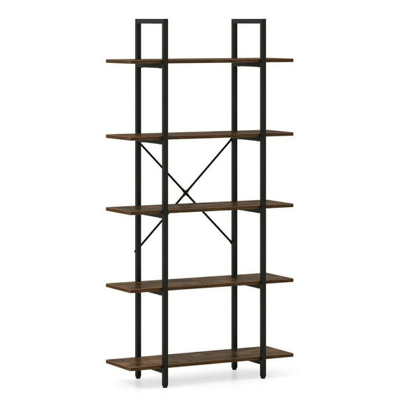 Resenkos 5-Tier 62" Tall Vintage Industrial Bookcase - Open Storage Shelves, Rustic Brown + Black