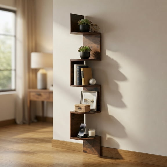Resenkos 5-Tier Corner Shelf - Wall-Mounted Floating Bookshelf, Storage Organizer, Rustic Brown