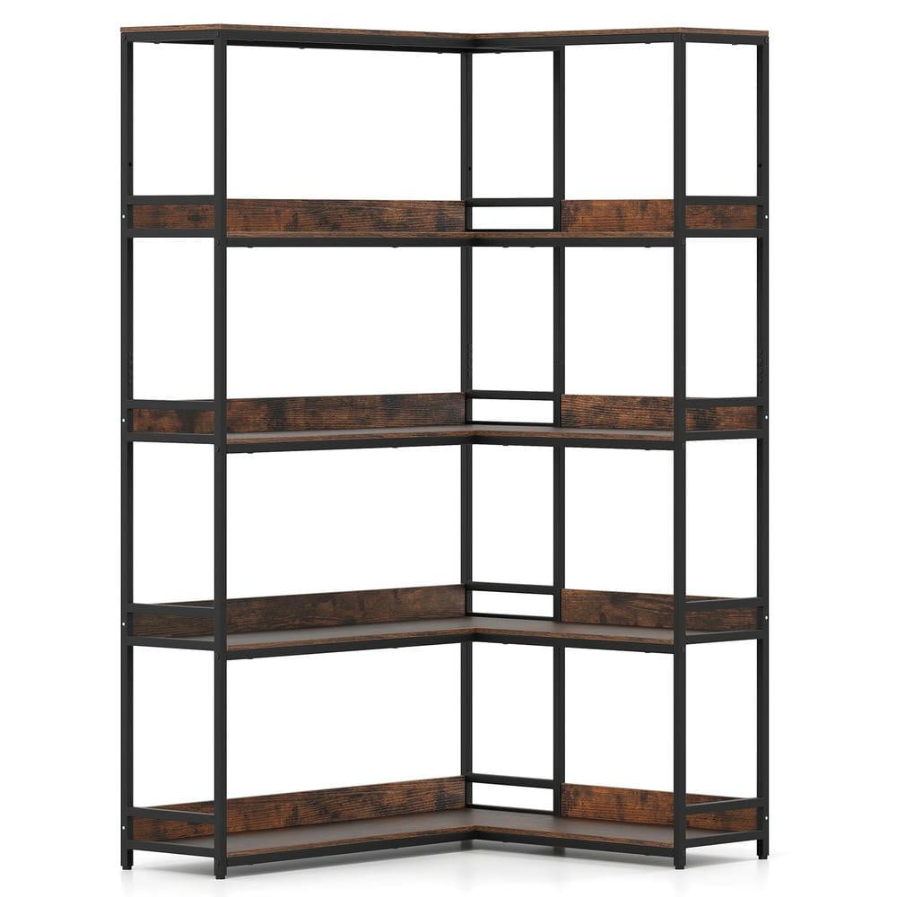 Resenkos 5-Tier L-Shaped Corner Bookshelf - Etagere with Metal Frame, Rustic Brown