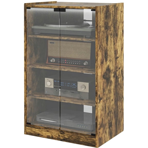 Resenkos 5-Tier Media Cabinet, Media Stand with Adjustable Shelves, Tempered Glass Doors, and Cable Management, Rustic Brown