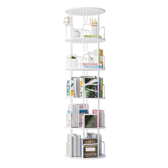 Resenkos 5-Tier Rotating Bookshelf Tower, 360-Degree Spinning Narrow Bookcase for Bedroom & Living Room Storage, White