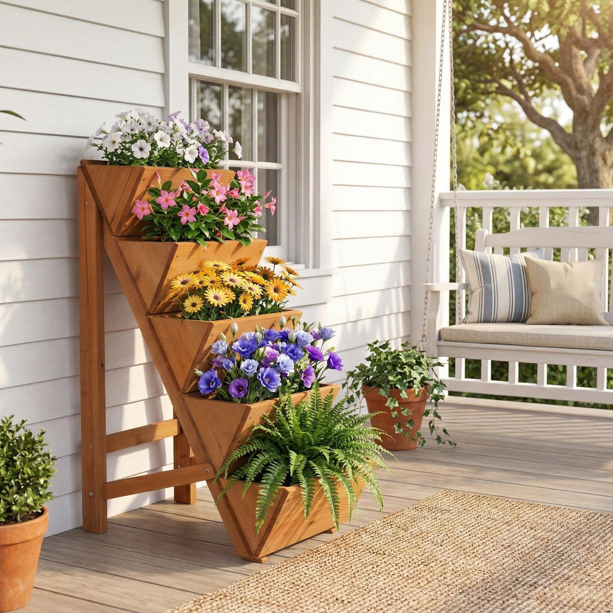 Resenkos 5-Tier Vertical Wooden Raised Garden Bed, Elevated Ladder Style Planter Box with Legs for Small Space Gardening, Orange