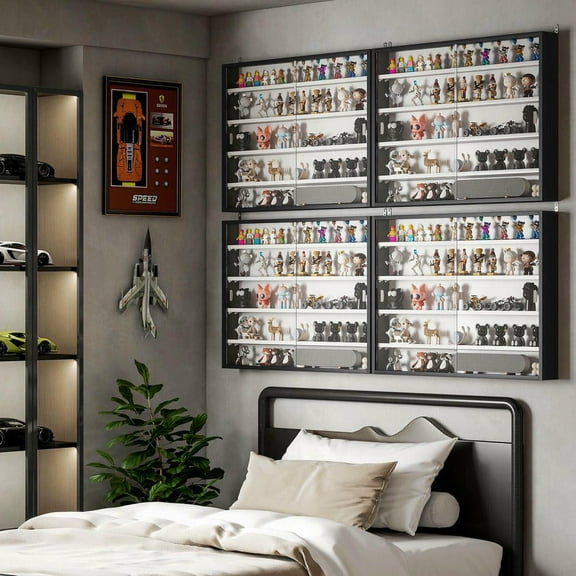 Resenkos 5-Tier Wall Display Cabinet, Glass Doors, Adjustable Shelves, Black