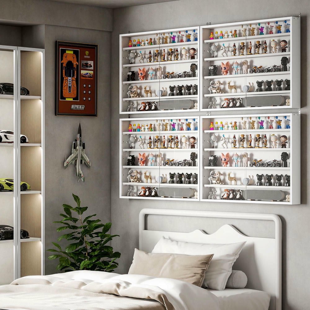 Resenkos 5-Tier Wall Display Cabinet, Glass Doors, Adjustable Shelves, White