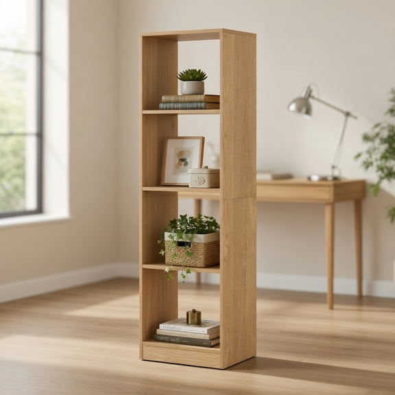 Resenkos 5 Tiers Slim Bookshelf with 4 Cubes and 4 Anti-Tipping Kits, Narrow Storage Organizer for Small Room, Corner, Natural