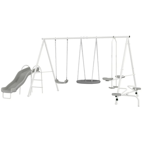 Resenkos 5-in-1 Swing Set, Heavy Duty A-Frame, Saucer Swing, Slide, Seesaw, Glider, Kids Outdoor Playset, Gray