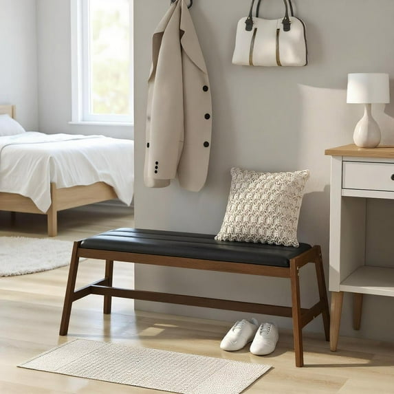 Resenkos 50 Inch Long Solid Wood Dining Bench Upholstered Table Bench with Faux Leather Padded Seat-Walnut,