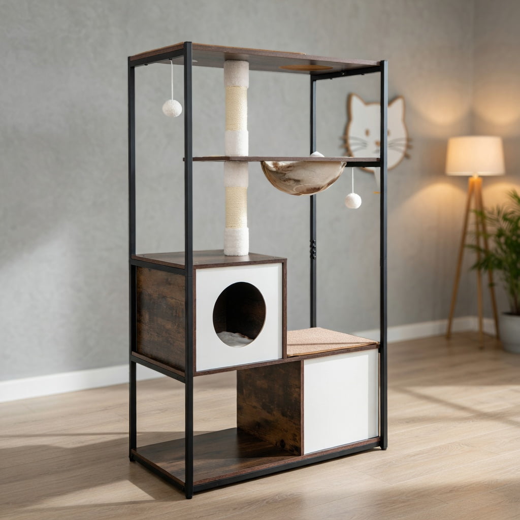 Resenkos 52 Inch Tall Wooden Cat Tree with Metal Frame, 2 Plush Condos ...