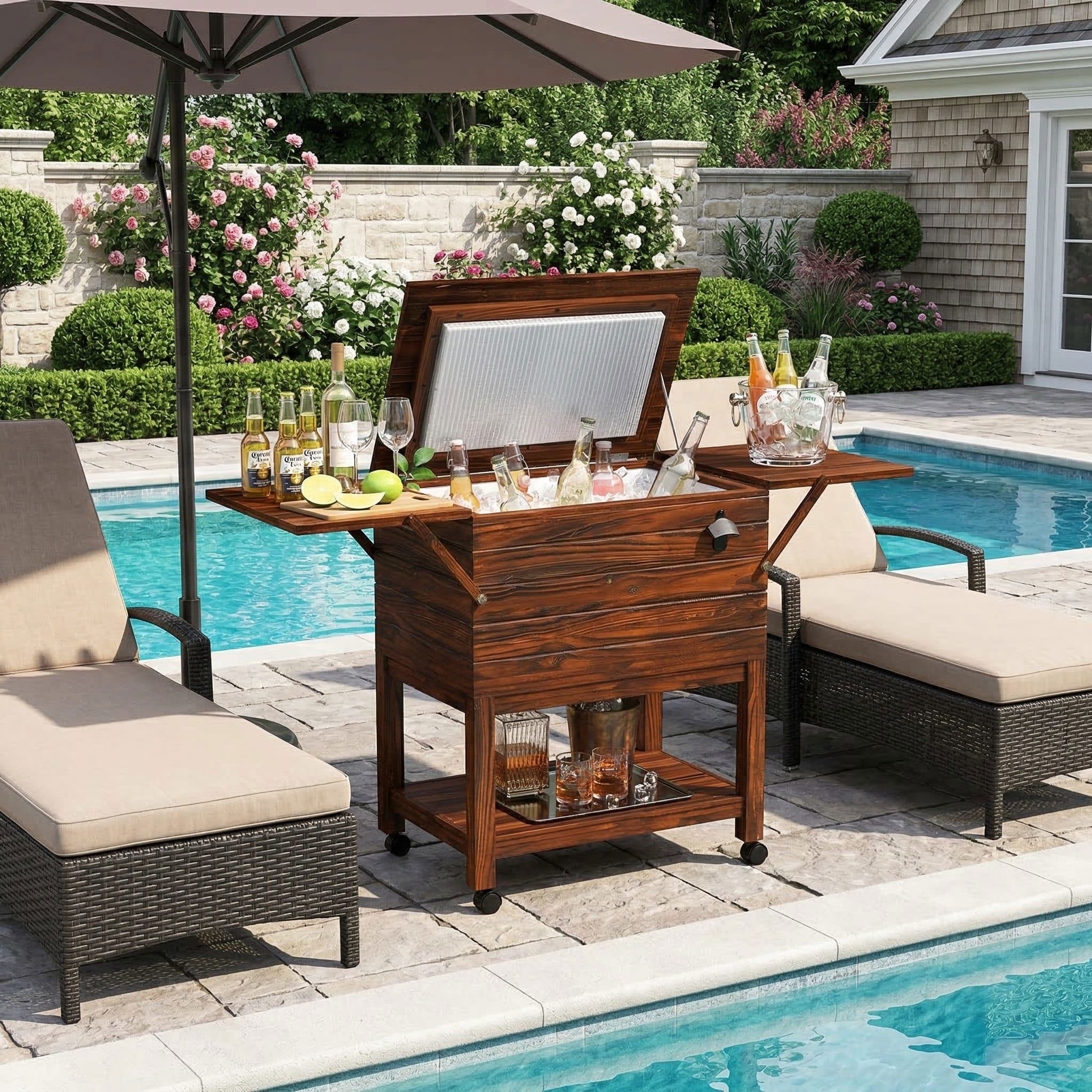 Resenkos 54 Quart Wooden Rolling Cooler Cart with Storage Shelves, Insulated Ice Chest with Bottle Opener for Patio and Backyard, Brown