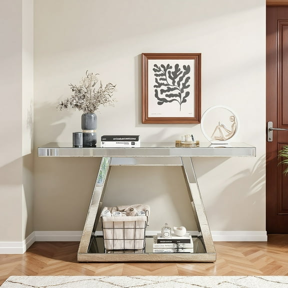 Resenkos 55.9" Modern Luxe Full-Body Mirror Entryway Table with Trapezoid Base 360 Reflective Console Table, Sturdy Wooden Frame, Silver