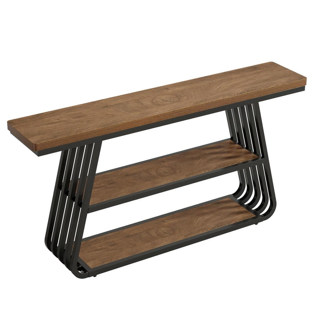 Resenkose 55 Inch 3-Tier Console Table with Sturdy Iron Frame, Multi-Use Sofa Table for Living Room Entryway, Brown