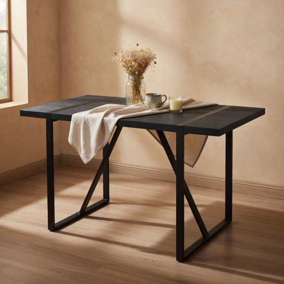 Resenkos 55 Inch Minimalist Retro Dining Table with Black Textured MDF Top & Inset Black Metal Legs Modern Light Luxury Rectangular Table for Dining or Workspace