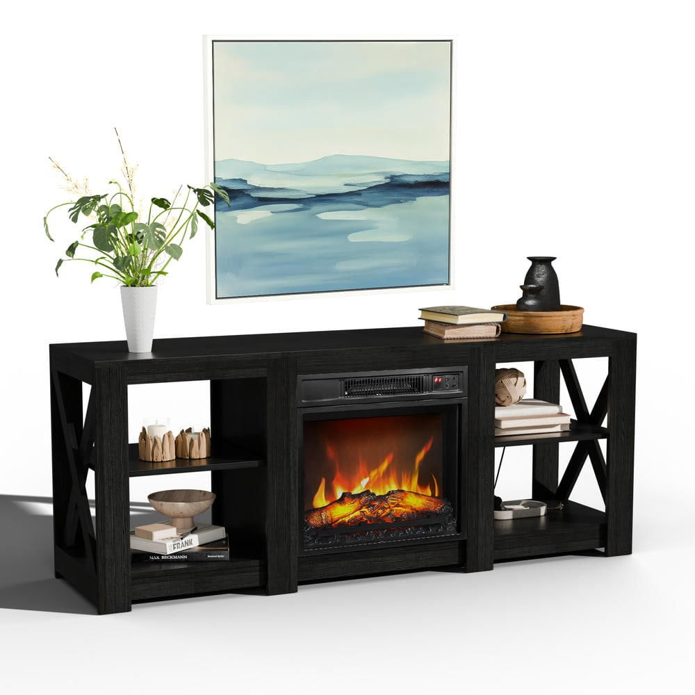 Resenkose 58" Double-Sided Cross Fireplace Cabinet with 18" Insert, Freestanding Media Console 58.7" x 15.7" x 23.6", Black