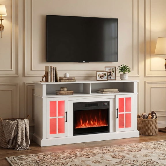 Resenkos 58 Inch Fireplace TV Stand with LED Lights, Modern Entertainment Center with Storage for Bedroom Living Room, White