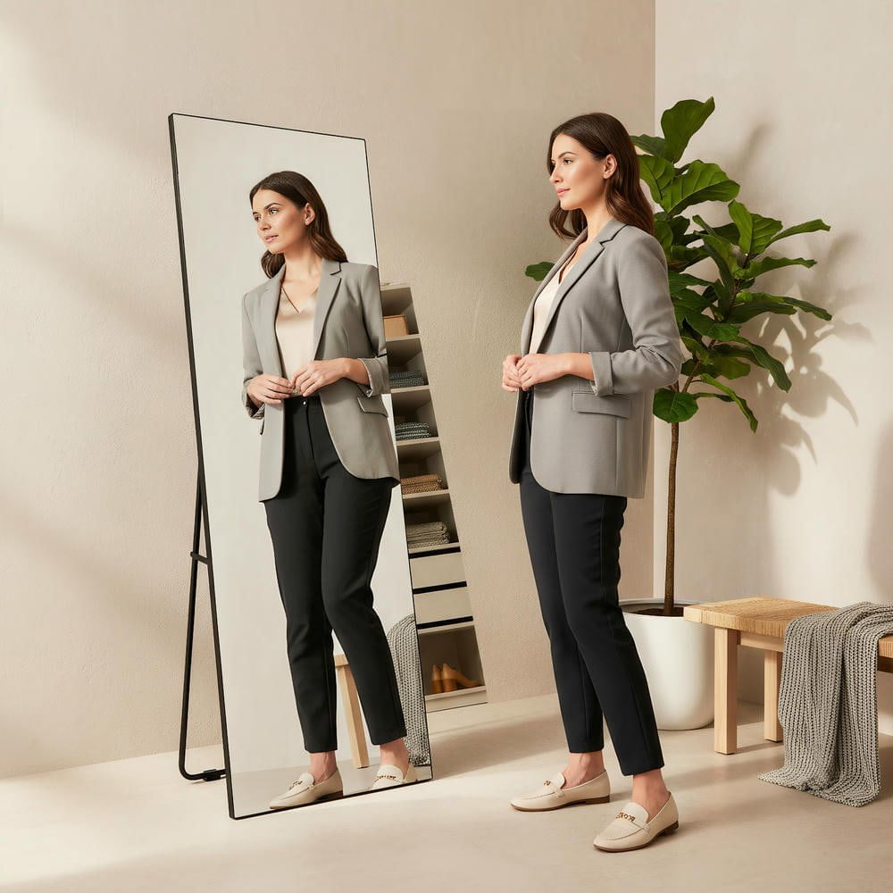 Resenkos 58x18 Inch Slim Frameless Full-Length LED Wall Mirror, Vertical Design for Modern Bedroom or Bathroom Vanity, Black