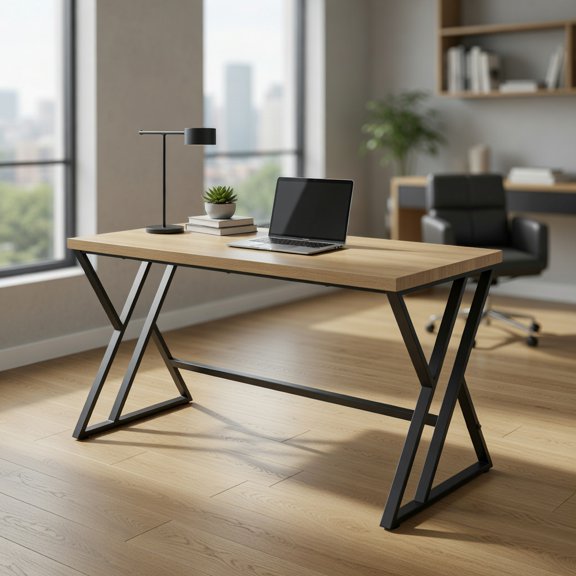 Resenkos 59-Inch Computer Desk with Heavy-Duty Metal Frame and Crossbar Support - Gray/Maple/Black