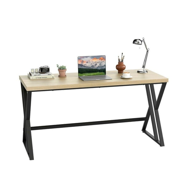 Resenkos 59-Inch Computer Desk with Heavy-Duty Metal Frame and Crossbar Support - Gray/Maple/Black