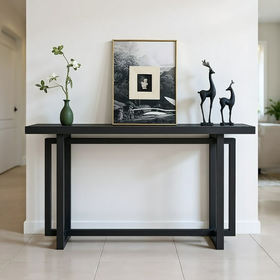 Resenkos 59" Narrow Console Table, MDF Entryway Sofa Table for Hallway, Living Room, Strong Metal Stand, Space-Saving Design, Black
