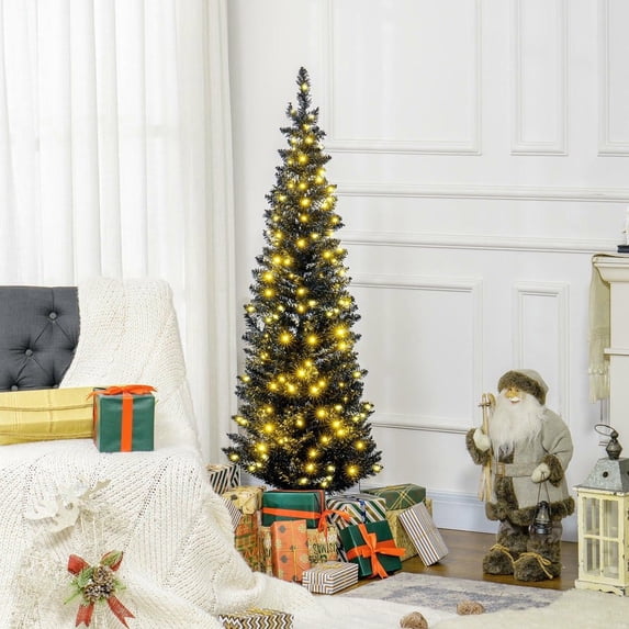 Resenkos 5ft Slim Artificial Pencil Christmas Tree with Realistic Branches & Warm White LED Lights, Black