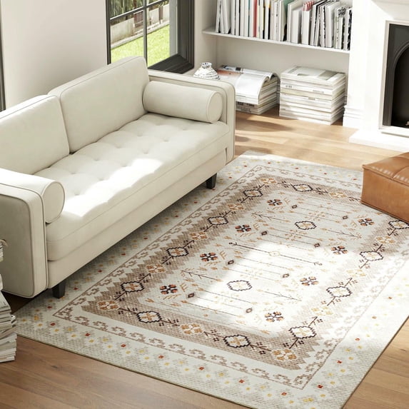 Resenkos 5x7 Machine Washable Area Rug - Non-Slip Boho Flannel Print Carpet for Living Room, Bedroom, Dining Room, Brown