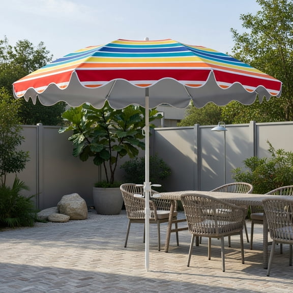 Resenkos 6.5 ft Beach Umbrella with UPF 50+ Silver-Coated Canopy, Sand Anchor & Foldable Cup Holders Blue Stripe / Rainbow / Navy Stripe Aluminum Alloy Frame for Beach, Pool & Backyard