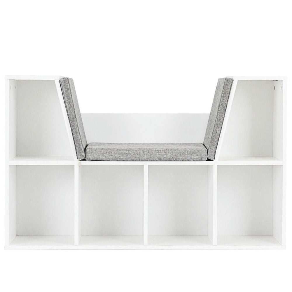 White Wood 6-Cubby Kids Storage Bookcase with Cushioned Reading Nook