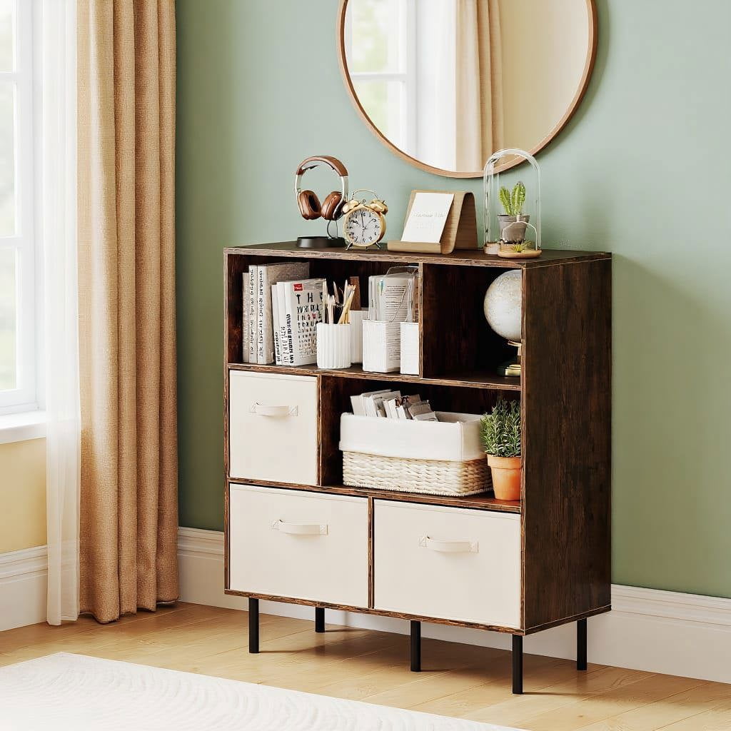 Resenkos 6-Cube Bookshelf with 3 Removable Folding Fabric Drawers, Versatile Storage Cabinet for Living Room, Bedroom, Rustic Brown