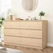 Resenkos 6-Drawer Dresser, Light Woodgrain Chest, Spacious Storage, 150lb Top Capacity, Smooth Metal Slides, Brown