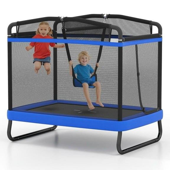 Resenkos 6 FT Rectangle Kids Trampoline with Swing & Bar - Compact Play Equipment - Blue