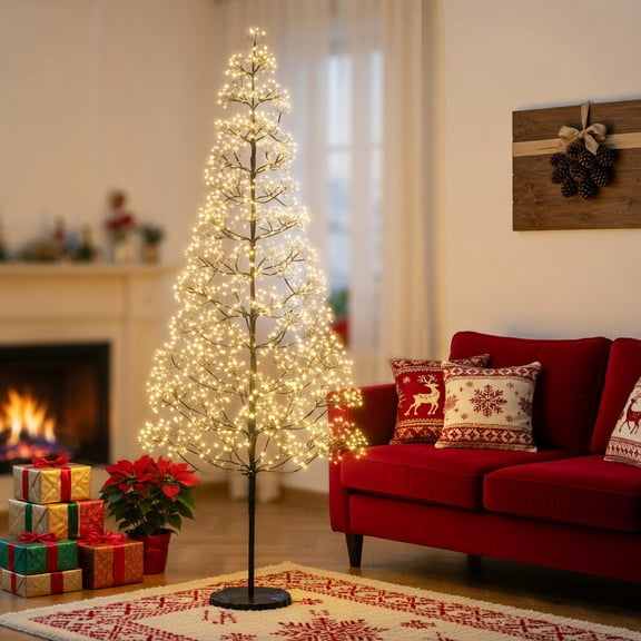 Resenkos 6-Ft Pre-Lit Lighted Alpine Tree - Warm White LEDs & Weighted Base, Artificial Cedar Look for Indoor/Outdoor Use, Black