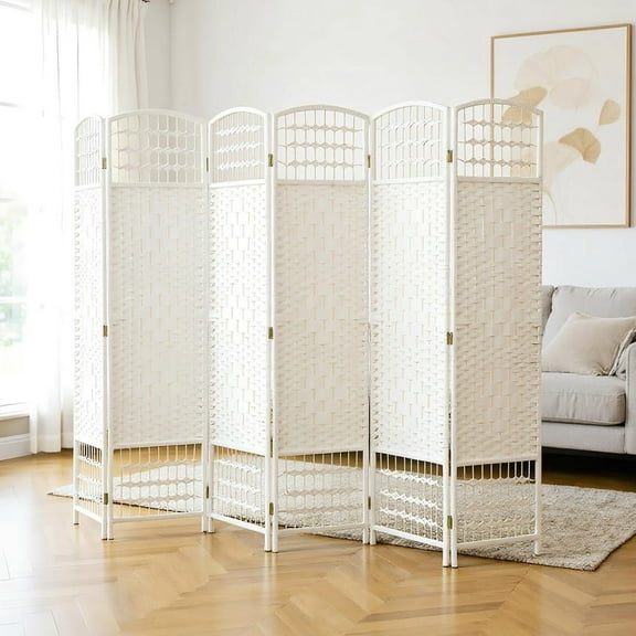Resenkos 6-Panel Folding Room Divider - Portable Wave Fiber Privacy Screen Partition, for Home Office, White