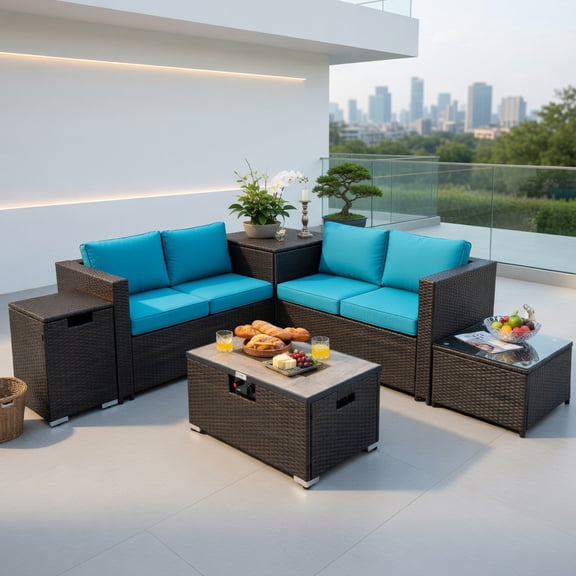 Resenkos 6-Piece Outdoor Wicker Patio Furniture Set with 32-inch Propane Fire Pit Table Turquoise, Red, Beige, Navy & Black Cushions