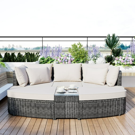 Resenkos 6-Piece Patio Outdoor Conversation Round Sofa Set, PE Wicker Rattan Separate Seating Group with Coffee Table, Outdoor Patio Furniture Set for Garden Balcony Backyard Deck Porch (Beige)