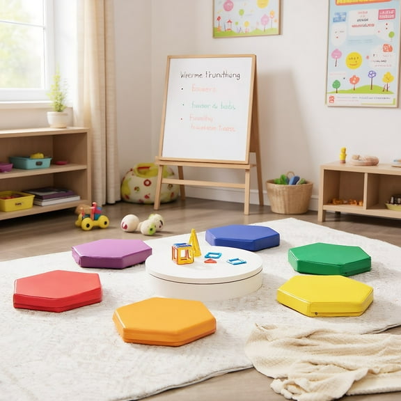 Resenkos 6 Pieces Multifunctional Hexagon Toddler Floor Cushions Classroom Seating with Handles-Multicolor, Kids Chairs for Kids