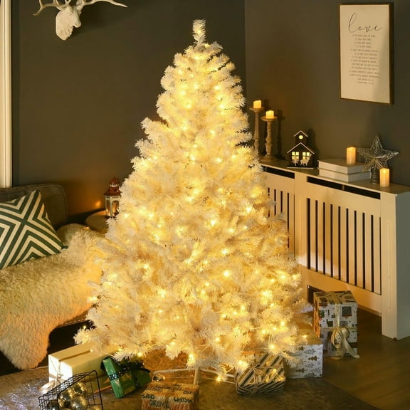 Resenkos 6' Prelit Artificial White Christmas Tree Home Decor with Warm White LED Lights, Auto Open & Steel Base, White