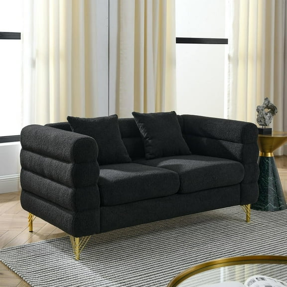 Resenkos 60" 2-Seater Sectional Sofa, Oversized Teddy Fabric with Deep Seating and 2 Accent Pillows for Living Room, Black
