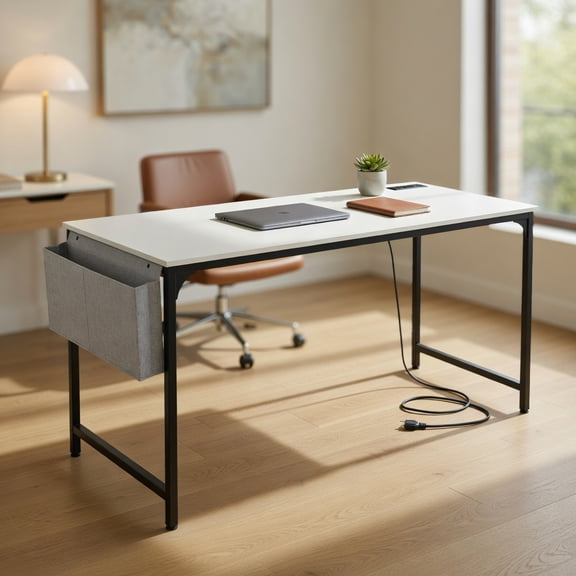 Resenkos 60 Inch Computer Desk with Charging Station Storage Bag-White, Home Office Desks, Gaming Computer Desks for Study,Working,Writing