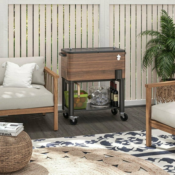 Resenkos 60 Qt Rolling Cooler Cart, Mobile Ice Chest with Bottom Shelf and Bottle Opener, Brown