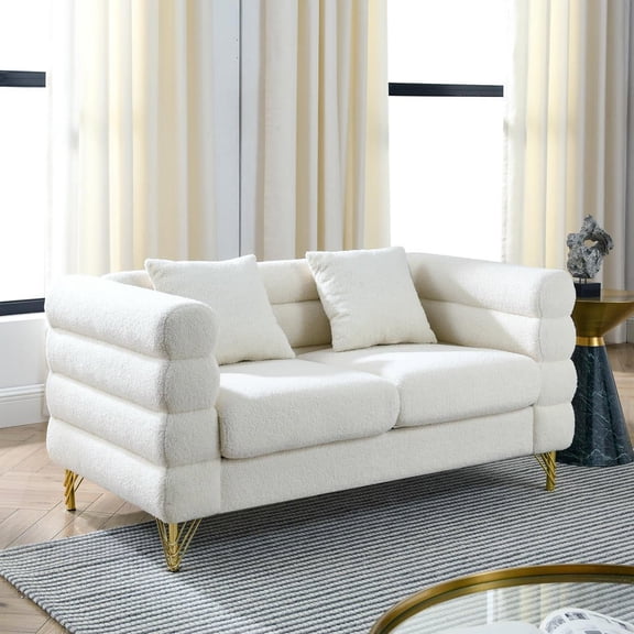 Resenkos 60" Two-Seater Sectional Couch, Oversized Teddy Fabric with Deep Comfort and 2 Pillows, Ivory White
