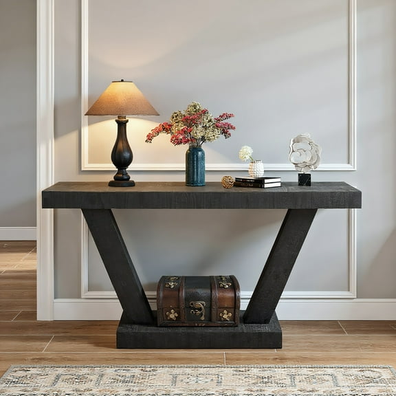 Resenkos 60 Inches Vintage Distressed Wood Entryway Bench with 2-Tier Solid Wood Veneer Storage Cabinet, Living Room & Behind Sofa, Antique Black