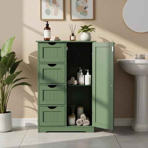 Resenkos 60x30x80cm Bathroom Storage Cabinet, Vertical Grain Painted MDF Double Door Freestanding Storage Organizer for Bathroom, Forest Green