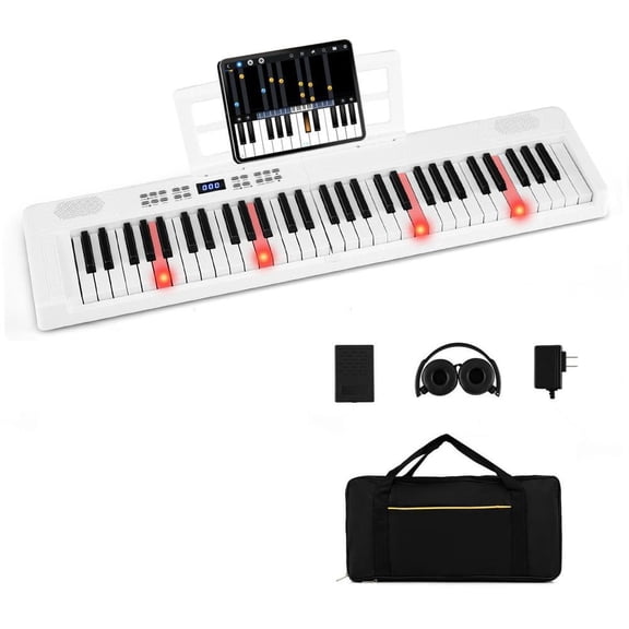 Resenkos 61-Key Foldable Full-Size Electronic Keyboard with MIDI & Split Function - White