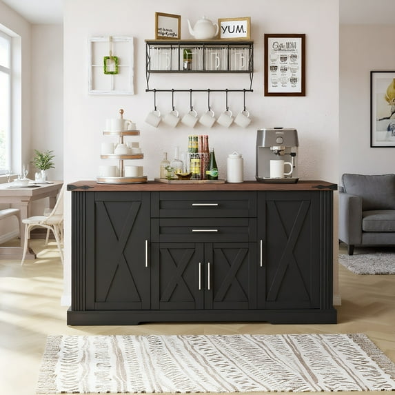 Resenkos 63" Farmhouse Barn Door Storage Cabinet, 2 Drawers & Door Rack, Large Buffet Table Coffee Bar Cabinets, Adjustable Shelves, Kitchen, Black