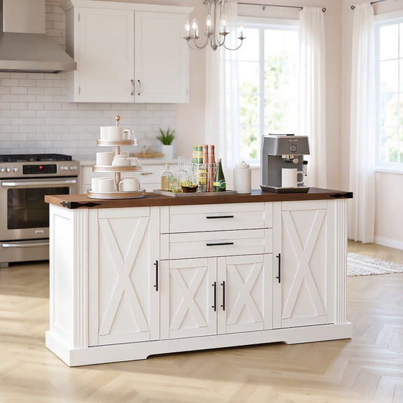 Resenkos 63" Farmhouse Barn Door Storage Cabinet, Large Buffet Table Coffee Bar Cabinet with 2 Drawers, Door Rack & Adjustable Shelves for Kitchen, White