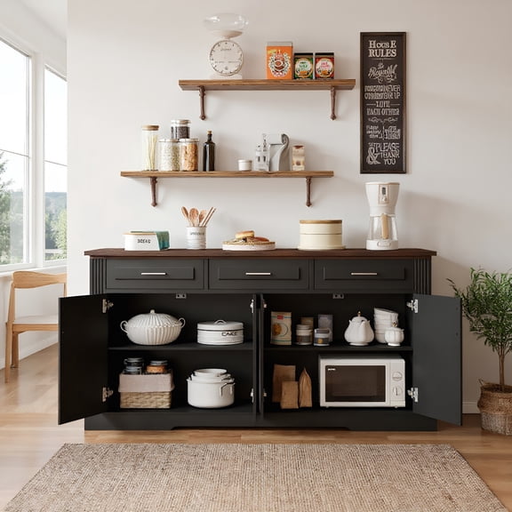 Resenkos 63" Fluted Sideboard Buffet Cabinet, Storage, Coffee Bar Station with 4 Doors and 3 Drawers, Kitchen Storage Console Table, Black